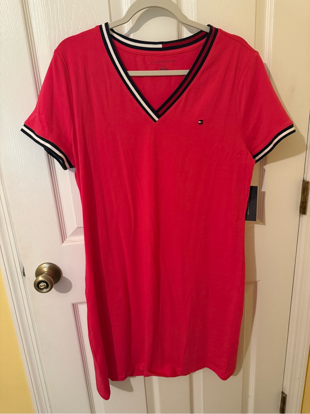 Tommy Hilfiger Red Tee Dress with Navy & White Stripe Trim